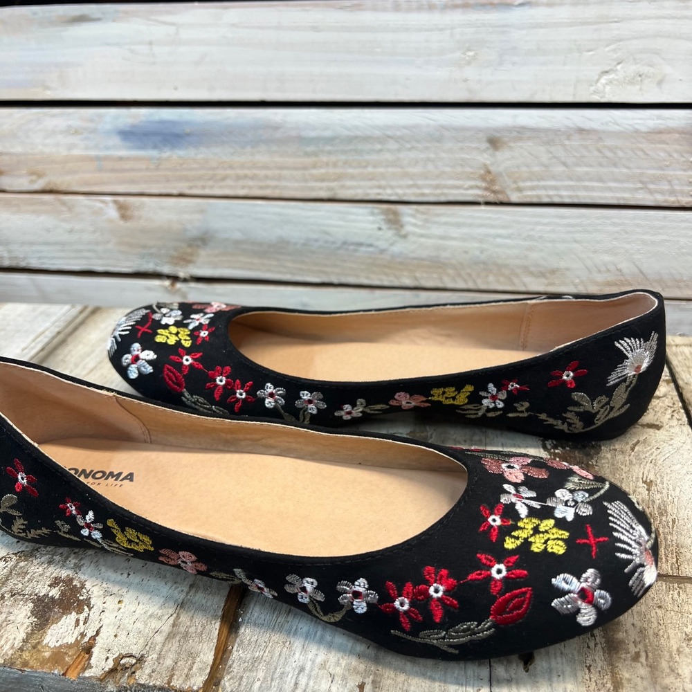 Sonoma Black Embroidered Floral Round Toe Ballet Flats Boho Folk 9.5 - Picture 5 of 9
